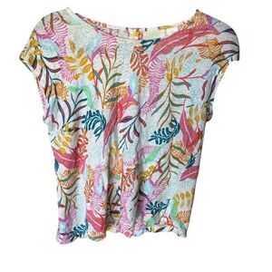 Cynthia Rowley Women's S Floral Linen Blouse Boat Neck Cap Sleeve